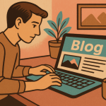 A visually engaging, semi-cartoonish illustration with textured hues of brown, beige, turquoise, and pink. The image represents the evolving landscape of blogging, where creativity, branding, and adaptability are key to success.