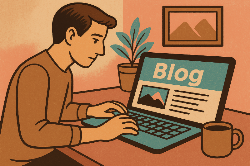 A visually engaging, semi-cartoonish illustration with textured hues of brown, beige, turquoise, and pink. The image represents the evolving landscape of blogging, where creativity, branding, and adaptability are key to success.