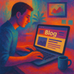 A vibrant, semi-realistic textured illustration symbolizing the evolution of blogging. The dynamic hues reflect the energy, creativity, and strategy required to build a standout website in today’s competitive digital landscape.