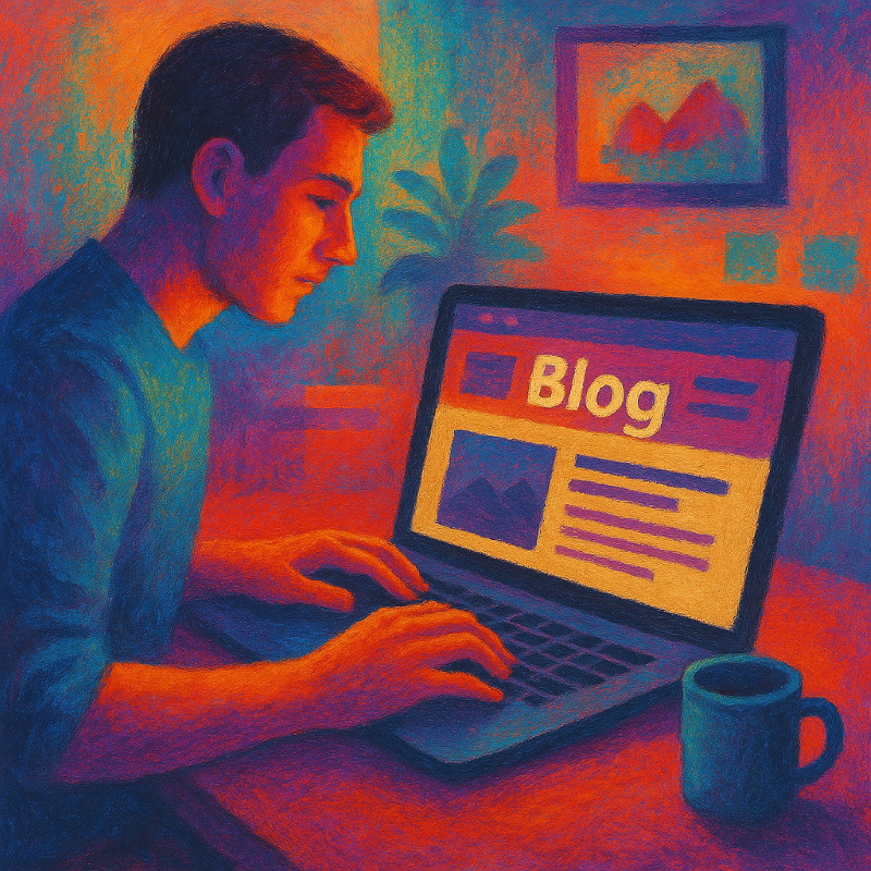 A vibrant, semi-realistic textured illustration symbolizing the evolution of blogging. The dynamic hues reflect the energy, creativity, and strategy required to build a standout website in today’s competitive digital landscape.