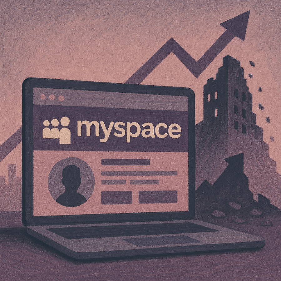 A visually engaging, semi-realistic illustration with textured hues of grey, purple, and pink. The image reflects the nostalgia of MySpace's early glory and its eventual decline.