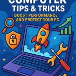 A dynamic, semi-cartoonish illustration of a computer setup with tools, showcasing essential performance and security tips.