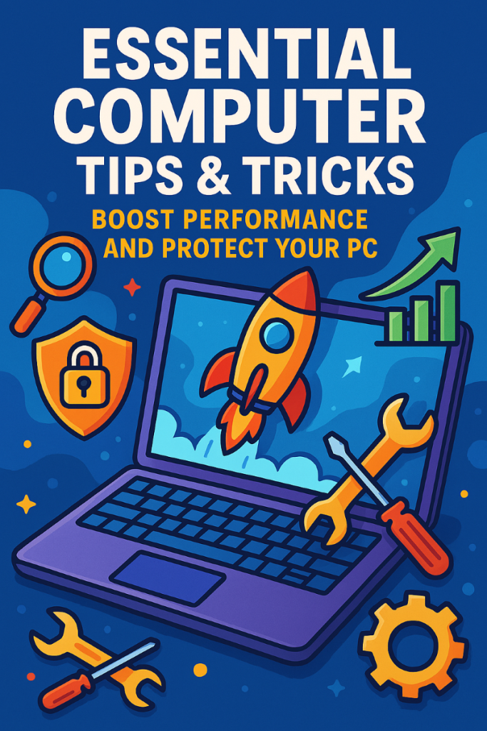A dynamic, semi-cartoonish illustration of a computer setup with tools, showcasing essential performance and security tips.