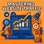 A dynamic, semi-cartoonish illustration of a person working on a computer, symbolizing website traffic strategies and digital growth.