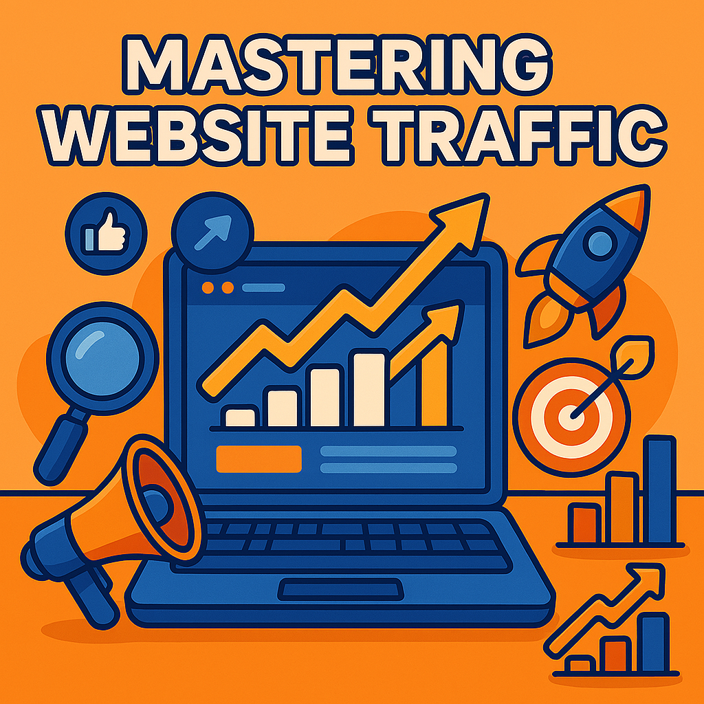 A dynamic, semi-cartoonish illustration of a person working on a computer, symbolizing website traffic strategies and digital growth.