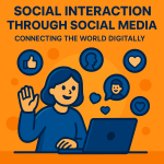 A dynamic, semi-cartoonish illustration representing global digital connections and interactions through social media.