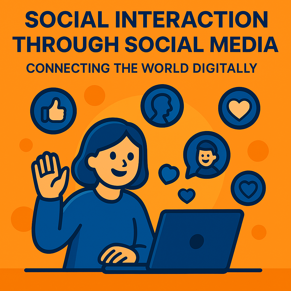 A dynamic, semi-cartoonish illustration representing global digital connections and interactions through social media.