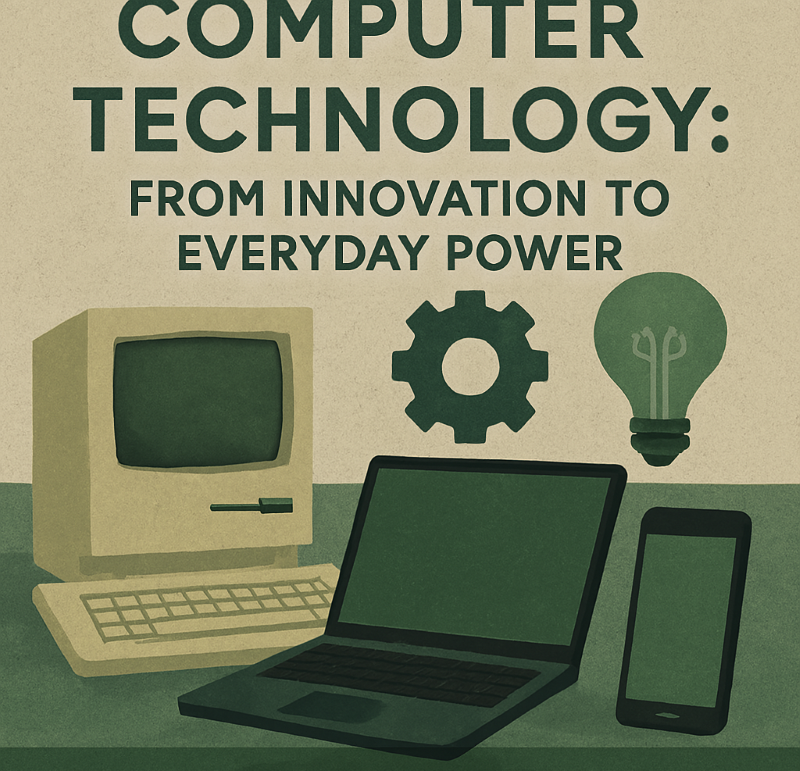A visually engaging, semi-realistic illustration with green, beige, and light black textures, symbolizing the evolution of computer technology from groundbreaking innovation to everyday necessity.