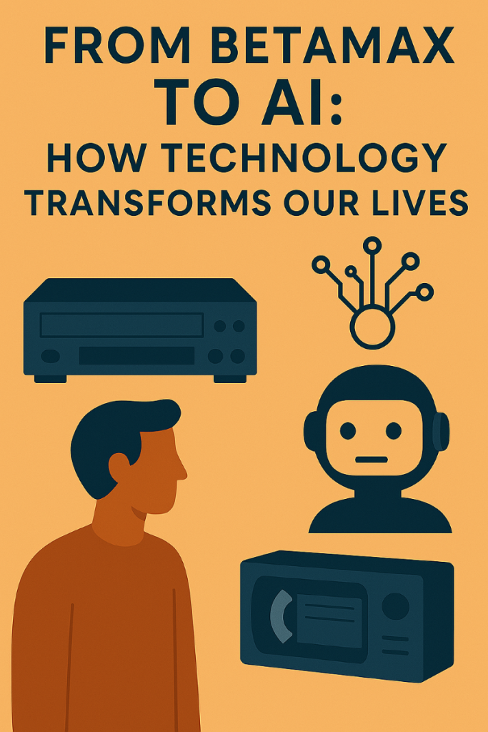 A visually engaging, semi-realistic illustration representing the evolution of technology, from Betamax tapes to cutting-edge AI advancements.