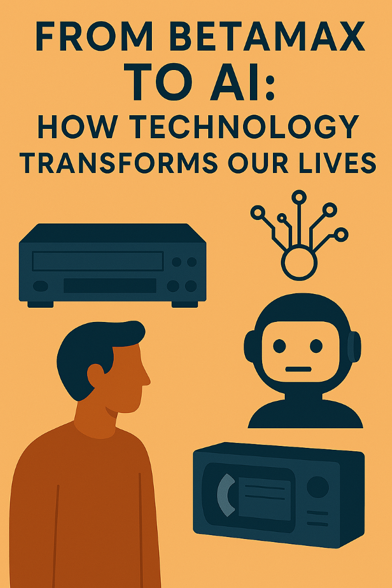 A visually engaging, semi-realistic illustration representing the evolution of technology, from Betamax tapes to cutting-edge AI advancements.