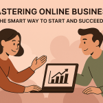 A dynamic, semi-realistic illustration of an entrepreneur strategizing their online business success, symbolizing smart decision-making and growth.