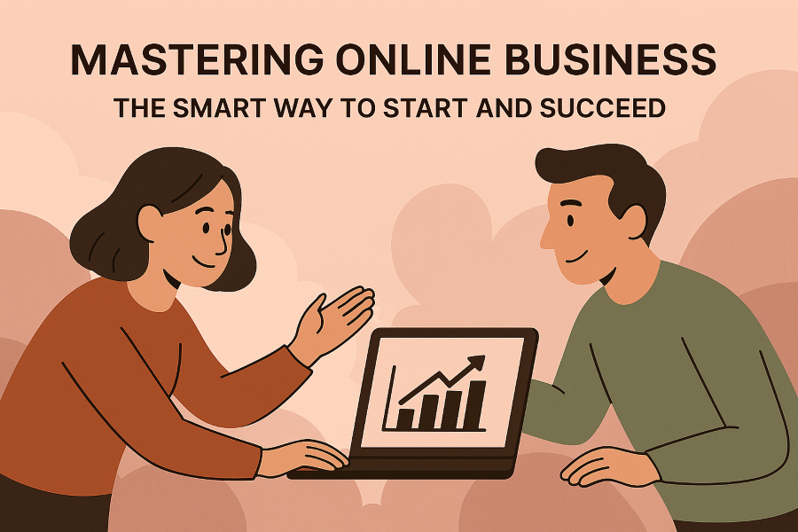 A dynamic, semi-realistic illustration of an entrepreneur strategizing their online business success, symbolizing smart decision-making and growth.