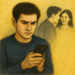 A visually engaging, semi-realistic illustration with textured shades of yellows, blacks, and blues, representing the emotional complexity of relationship trust and resilience.