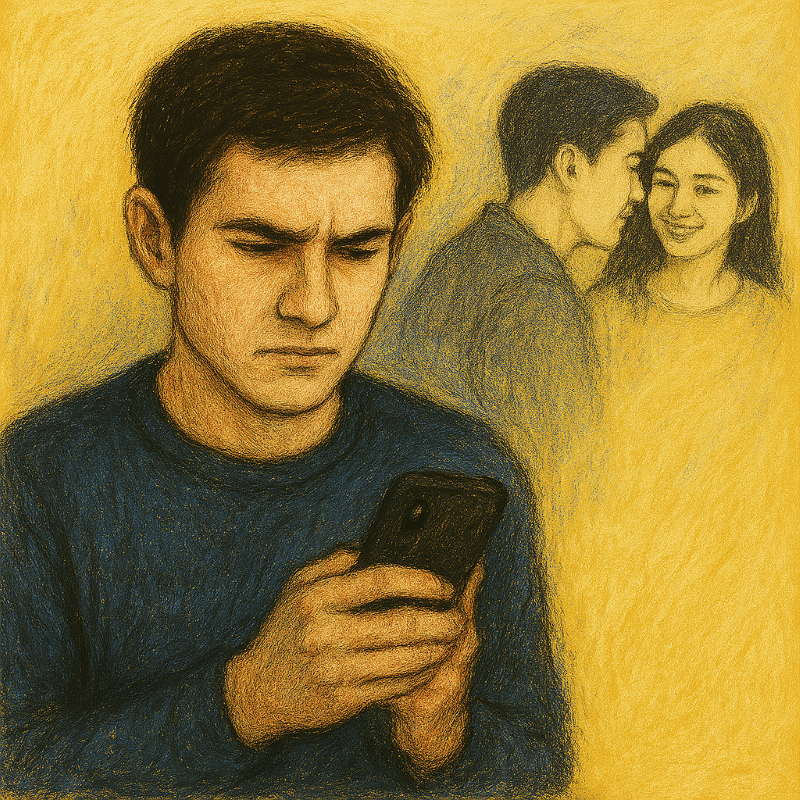 A visually engaging, semi-realistic illustration with textured shades of yellows, blacks, and blues, representing the emotional complexity of relationship trust and resilience.