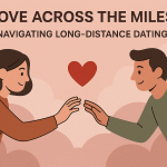 A heartfelt, semi-cartoonish illustration of two people reaching for each other’s hands from afar, symbolizing long-distance love and connection.