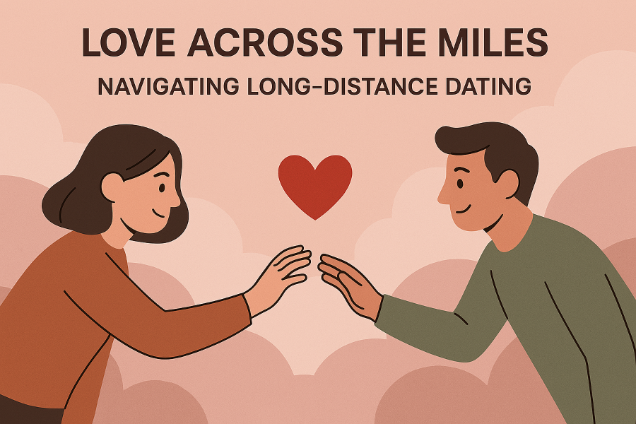 A heartfelt, semi-cartoonish illustration of two people reaching for each other’s hands from afar, symbolizing long-distance love and connection.