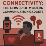 A visually engaging, semi-realistic illustration with red, black, and grey textures, symbolizing the evolution and impact of modern communication gadgets.
