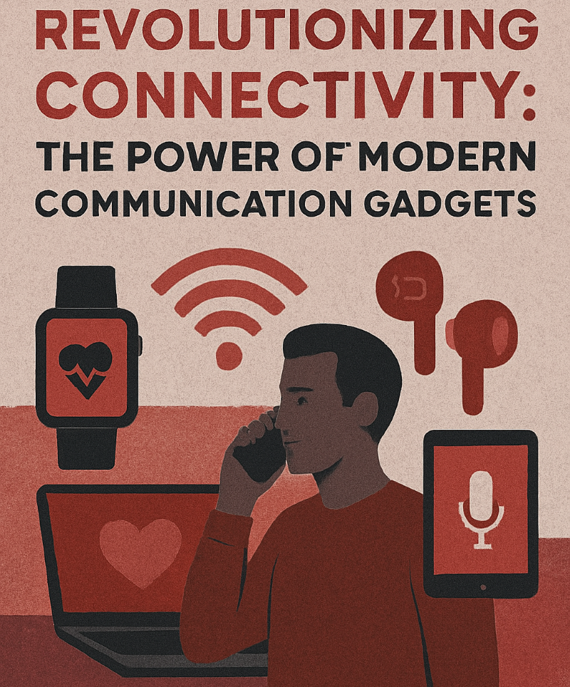 A visually engaging, semi-realistic illustration with red, black, and grey textures, symbolizing the evolution and impact of modern communication gadgets.