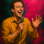 A visually engaging rectangular image featuring semi-realistic textures and splashes of black, green, and pink, symbolizing the vibrant and dynamic energy of comedy.