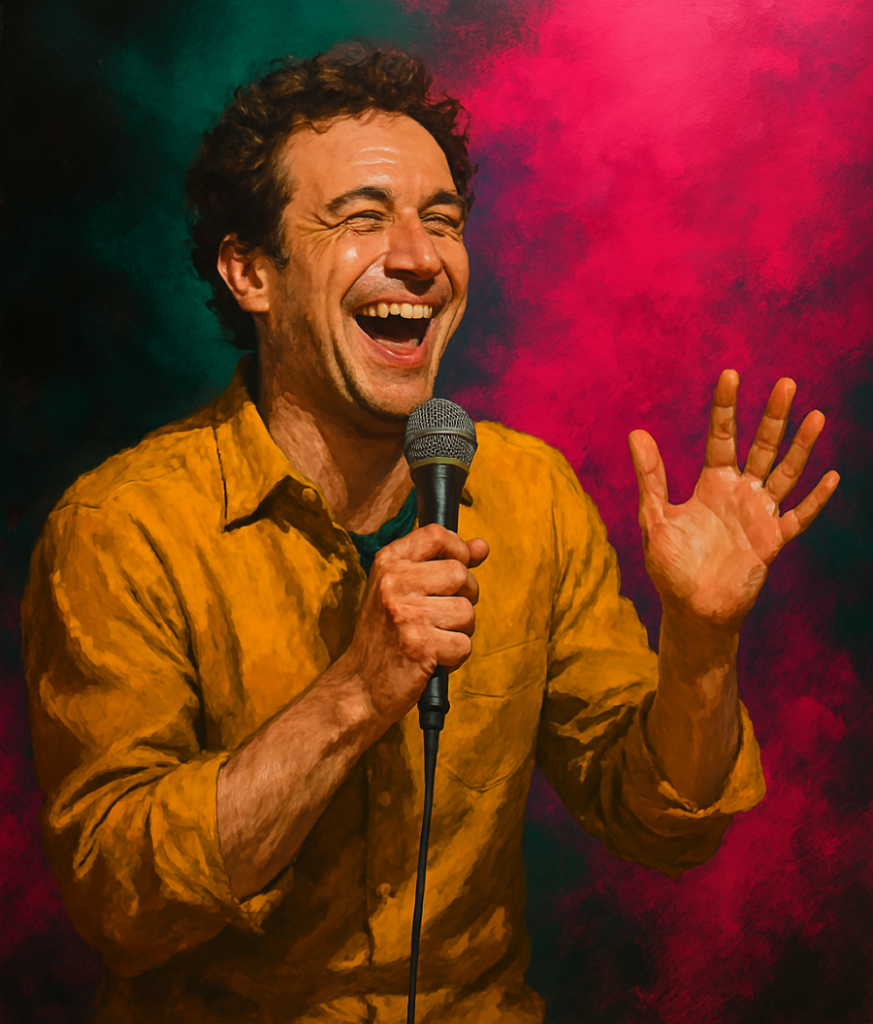 A visually engaging rectangular image featuring semi-realistic textures and splashes of black, green, and pink, symbolizing the vibrant and dynamic energy of comedy.