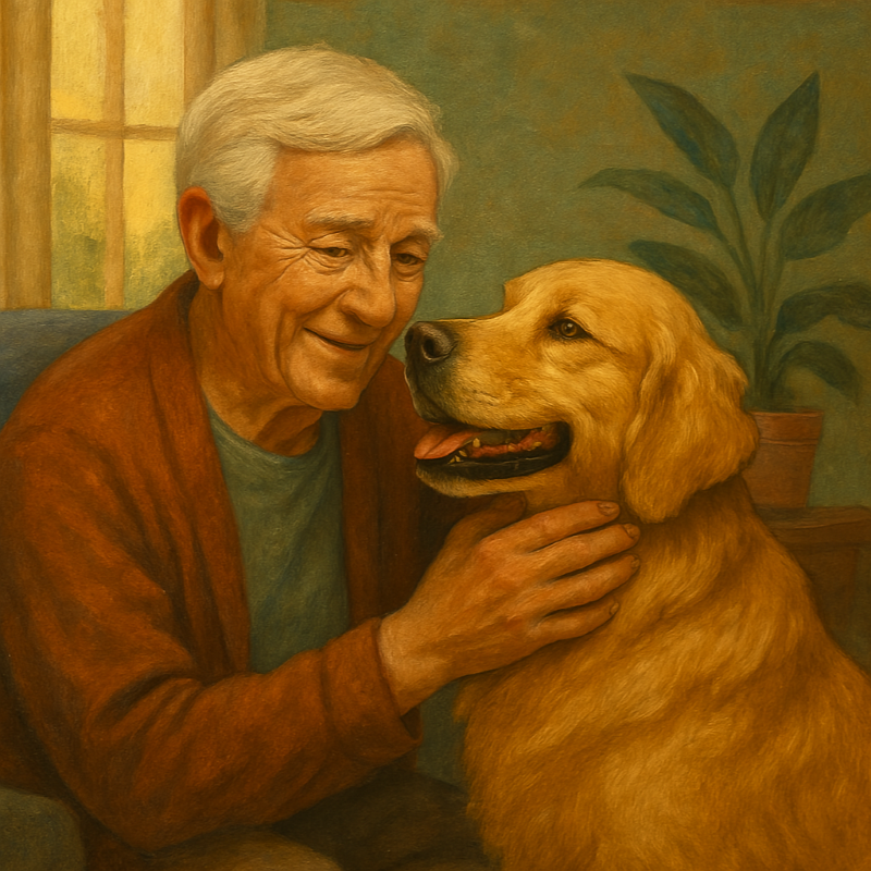 A realistic textured illustration of an older adult bonding with their dog, highlighting the emotional and therapeutic benefits of pet companionship.