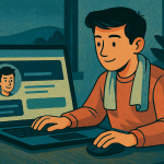 A bold, semi-cartoonish illustration with textured hues of blue, green, black, and salmon. The image represents the evolving nature of social networking in 2025, depicting the essence of digital presence and connection.