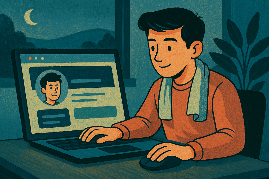 A bold, semi-cartoonish illustration with textured hues of blue, green, black, and salmon. The image represents the evolving nature of social networking in 2025, depicting the essence of digital presence and connection.