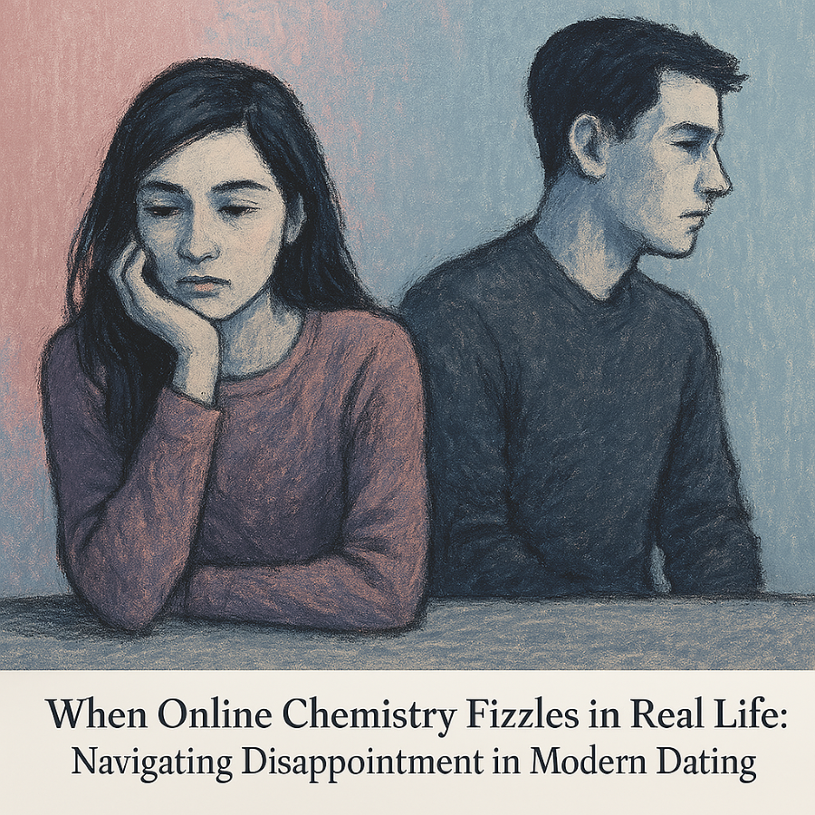 A visually engaging, semi-realistic illustration with textured hues of pink, violet, light blue, and greys, symbolizing the emotional contrasts of online dating.
