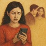A visually engaging, semi-realistic illustration with textured shades of red, white, and yellows, symbolizing the intensity and emotional turbulence of discovering betrayal.