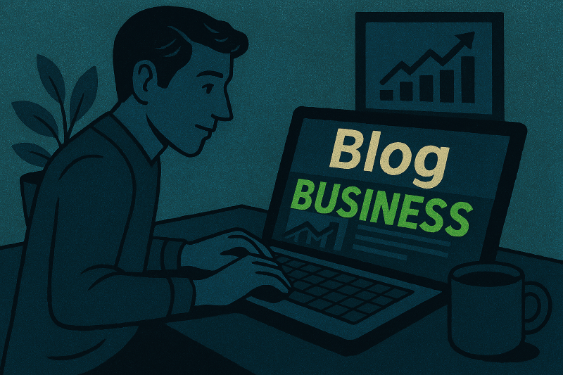 A semi-cartoonish textured illustration featuring bold hues of black, green, and blue. The image symbolizes the dynamic fusion of blogging and business strategy, highlighting the energy and innovation required to thrive in today’s digital landscape.