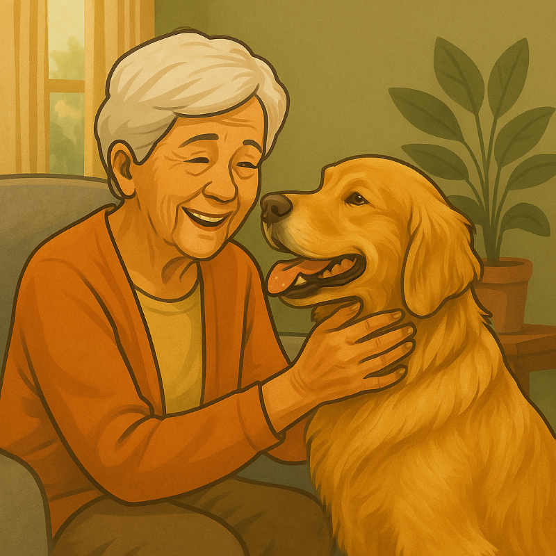A visually engaging, semi-realistic illustration highlighting the bond between seniors and their dogs, showcasing the joy and therapeutic benefits of pet companionship.