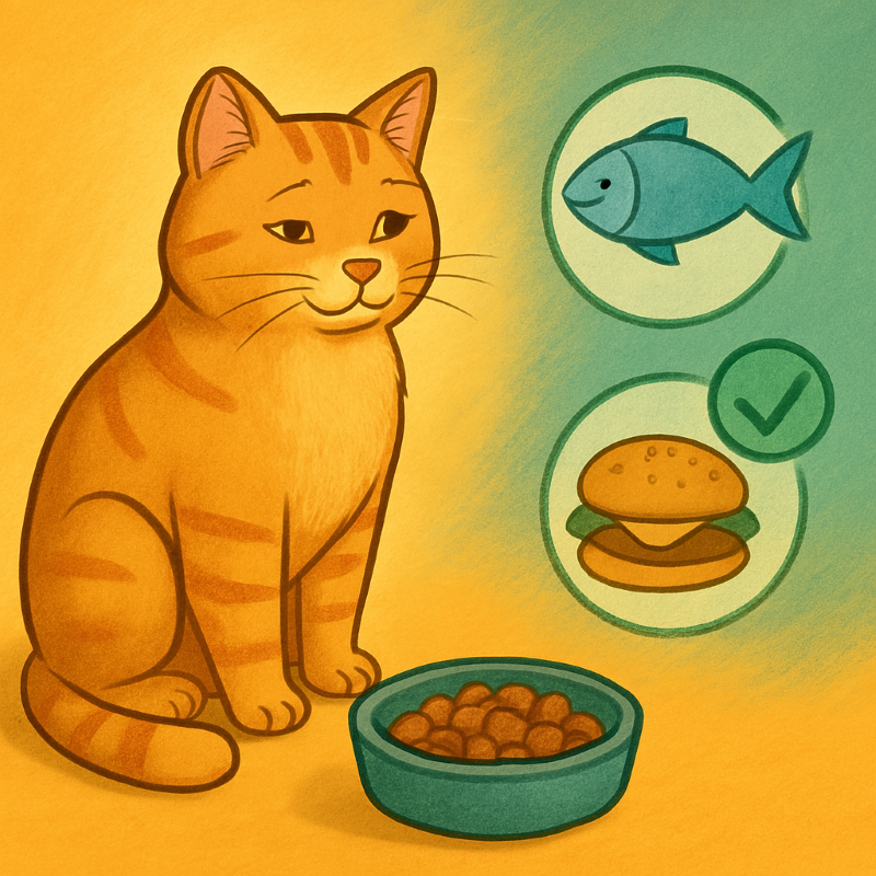 A semi-cartoonish illustration in Nova magic colorways, visually engaging and capturing the essence of feeding cats the right way.