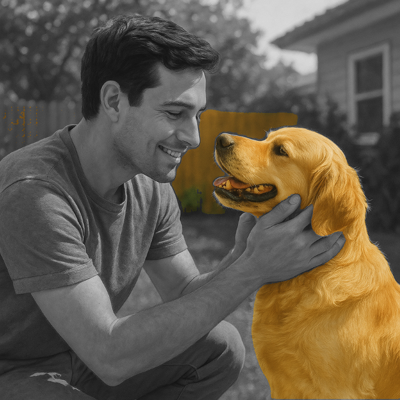 A realistic illustration of a person bonding with their dog, emphasizing love, health, and happiness in pet care.
