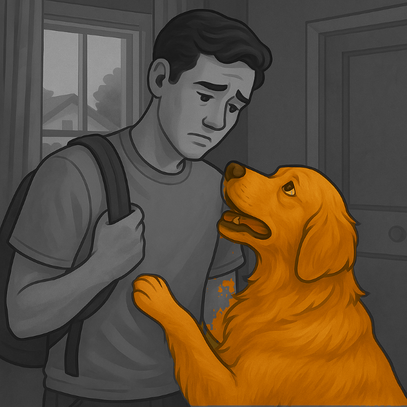 A visually engaging, semi-realistic illustration showing a dog experiencing separation anxiety, highlighting signs, solutions, and the importance of healthy attachment.