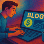 A visually engaging, semi-cartoonish textured illustration with dynamic colors, representing the journey of turning blogging into a profitable venture. The image conveys the fast-paced, evolving nature of content monetization in 2025.