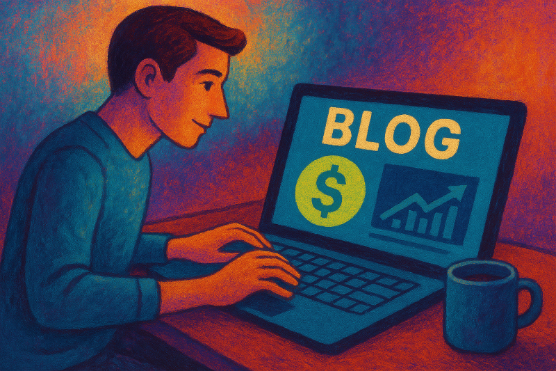 A visually engaging, semi-cartoonish textured illustration with dynamic colors, representing the journey of turning blogging into a profitable venture. The image conveys the fast-paced, evolving nature of content monetization in 2025.
