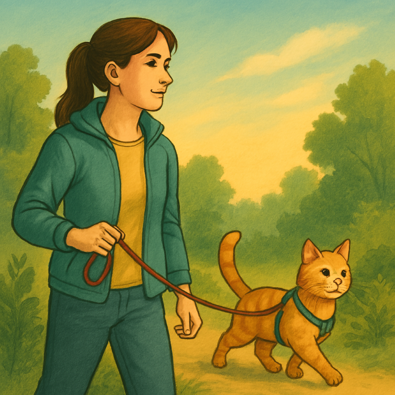 A semi-realistic illustration in Nova magic colorways, visually engaging and capturing the joy and benefits of walking a cat outdoors.