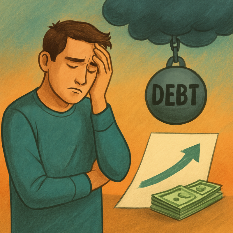 A semi-realistic illustration in Nova magic color ways, visually portraying the journey from financial hardship to empowerment through debt management.