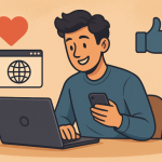 A visually engaging, semi-realistic cartoon representation of a web content creator effectively using social media to grow their audience.