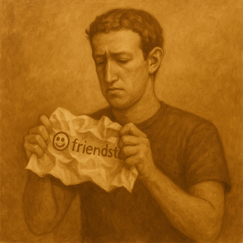 “Mark Zuckerberg crumpling a Friendster sign—symbolizing the downfall of the OG social network and Facebook’s rise.