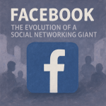 A semi-realistic illustration symbolizing Facebook’s evolution, textured in greys, blues, and light purple.