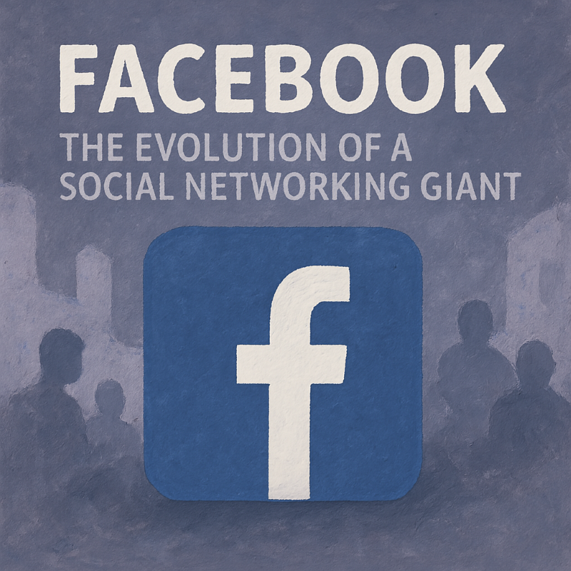 A semi-realistic illustration symbolizing Facebook’s evolution, textured in greys, blues, and light purple.