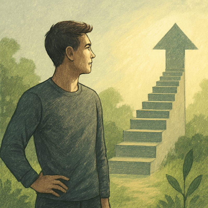 A semi-realistic illustration with textured colors of greys, greens, and light yellow, visually representing personal growth and the transformative power of goal-setting.