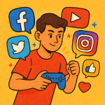 A dynamic, cartoonish illustration representing the evolution of modern social media networking, bursting with vibrant colors.